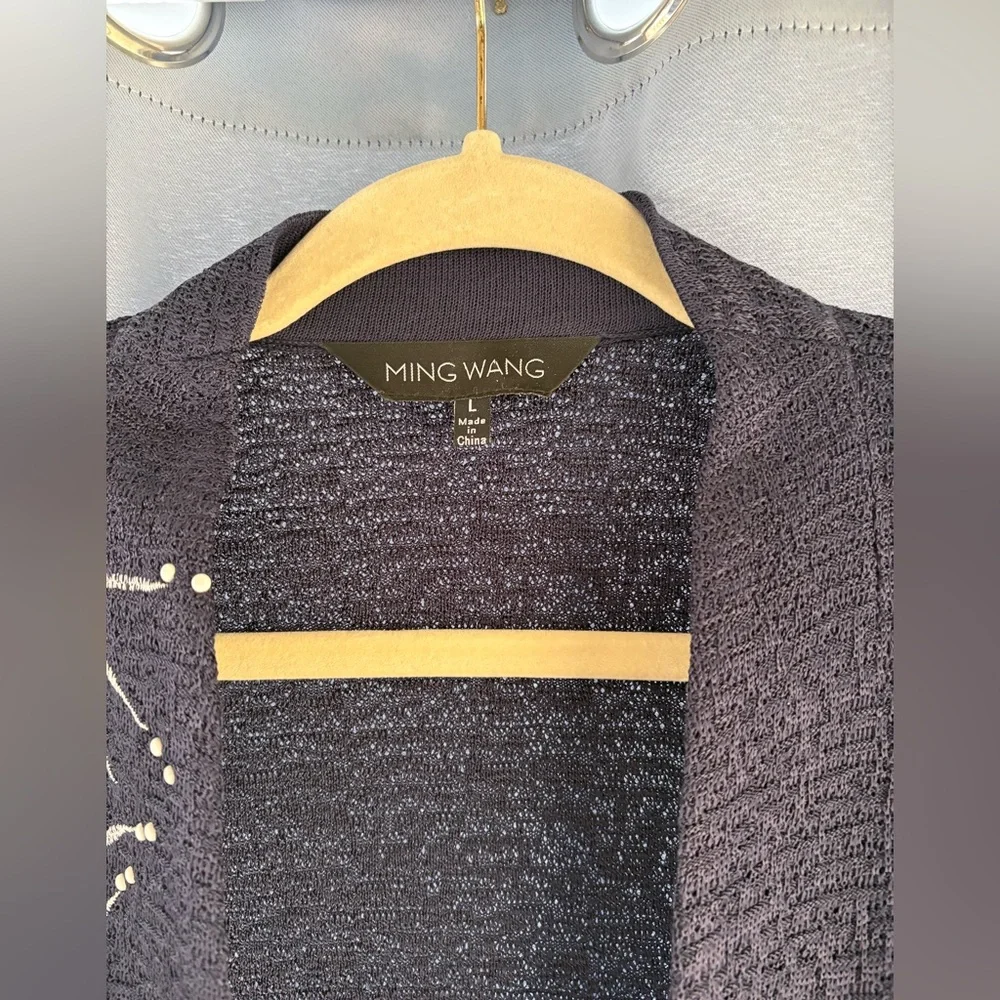 Ming Wang L navy blue white cardigan hook front career wear pit2pit 21 length 32 - Picture 4 of 7